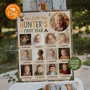 Plantilla de póster del primer año del bebé Camuflaje de caza Año editable en tablero de imágenes Ciervo Cumpleaños Foto Collage Signo Descarga instantánea Imprimible