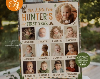 Baby's First Year Poster Template Hunting Camo Editable Year In Pictures Board Deer Birthday Photo Collage Sign Instant Download Printable