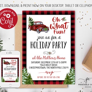 Christmas Truck Invitation Template Printable Holiday Invitation Christmas Party Invite Buffalo Plaid Instant Download