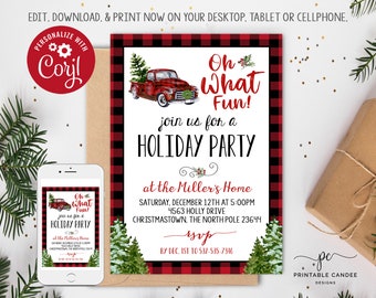 May include: Red and black plaid invitation with a red truck carrying a Christmas tree. The invitation says "Oh What Fun! Join us for a Holiday Party at the Miller's Home" with the date, time, and address. RSVP by December 1st to 537-535-7346.