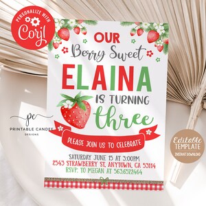 Strawberry Invitation Strawberries Birthday invite Theme Berry Party Photo Summer Instant download Template