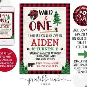 Lumberjack 1st Birthday Invitation Bear Wild One Plaid Theme No Photo Printable Instant Download Editable File