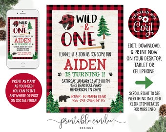 Lumberjack 1st Birthday Invitation Bear Wild One Plaid Theme No Photo Printable Instant Download Editable File