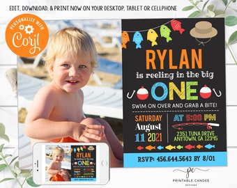 Fishing birthday Invitation Big one Party Invite Outdoor Theme Fishing 1st Birthday Editable Template