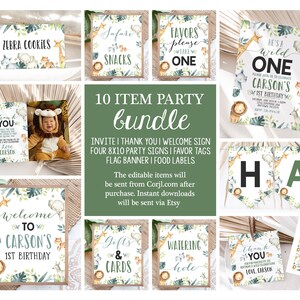 Bearbeitbares Safari Geburtstagsparty Invite Bundle Wild One Party Decor Liefert Dschungeltiere Druckbare Paket Vorlage
