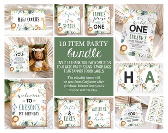 May include: A 10-item party bundle for a first birthday with a jungle animal theme. The bundle includes an invitation, thank you cards, welcome sign, four 8x10 party signs, favour tags, a flag banner, and food labels. The editable items are available for instant download.