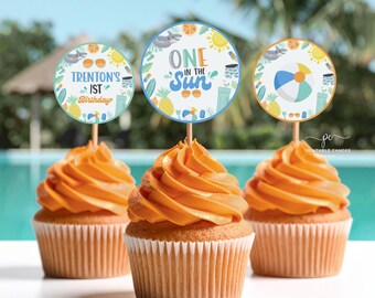 Editable One In The Sun 1st Birthday Cupcake Toppers Tropical Summer Decor Boy Shark Pool Party Food Table Template OITSB