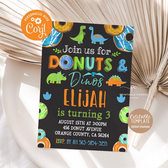 Donuts and Dinos Invitation Dinosaurs and Donuts Birthday Theme Template Instant Download Editable Printable File