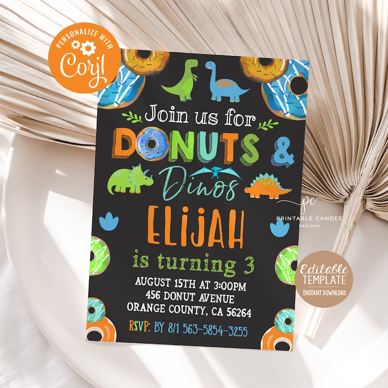 May include: A printable birthday party invitation for a child turning three. The invitation features a chalkboard background with colorful donuts and dinosaurs. The text reads "Join us for Donuts & Dinos Elijah is turning 3" with the date, time, and location of the party. The invitation also includes an RSVP number.