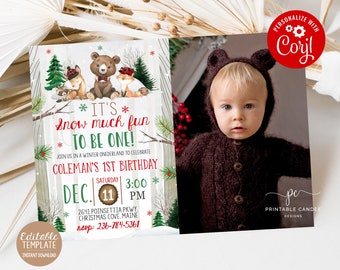 Invitación de cumpleaños de leñador de invierno editable Animales del bosque 1er cumpleaños Fiesta a cuadros Oso Invitación Plantilla de foto Descarga instantánea