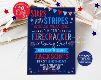 4th of July 1st Birthday Invitation Firecracker Patriotic Stars Stripes American First Editable Template Download Printable