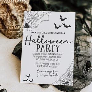May include: A black and white Halloween party invitation with a spider web design and bats. The text reads "Join us for a Spooktacular Halloween Party" and includes the date, time, location, and RSVP information.