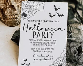 May include: A black and white Halloween party invitation with a spider web design and bats. The text reads "Join us for a Spooktacular Halloween Party" and includes the date, time, location, and RSVP information.