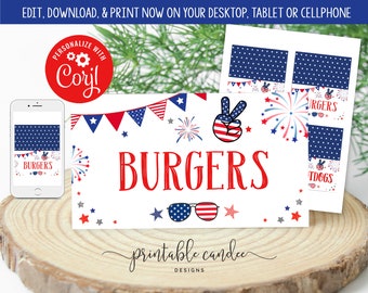 4th of July Food Labels Red White and Blue 2nd Birthday Food Table Tents Patriotic Stars Stripes Party Decor Download Printable