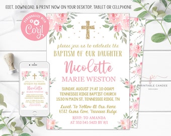 Puede incluir: Una invitación de bautismo rosa y dorada con un diseño floral. La invitación dice "Por favor, únase a nosotros para celebrar el bautismo de nuestra hija Nicolette Marie Weston" e incluye la fecha, la hora y el lugar del evento. También incluye una solicitud de RSVP.