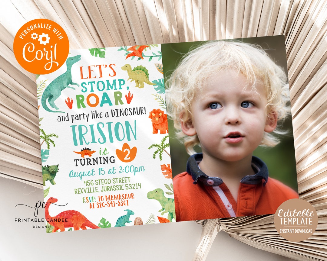 Editable Dinosaur Boy Birthday Invitation Template Dino Birthday Photo ...