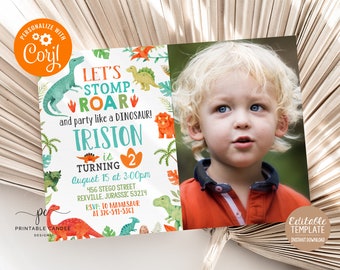 May include: Editable dinosaur birthday party invitation template with a photo placeholder. The invitation features a colorful dinosaur design with the text "Let's Stomp, Roar and party like a Dinosaur!" and "Triston is turning 2".