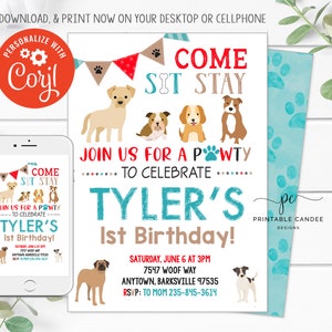 Dog Birthday Invitation Template Boy Puppy Party Pet Invite Theme Printable File Editable