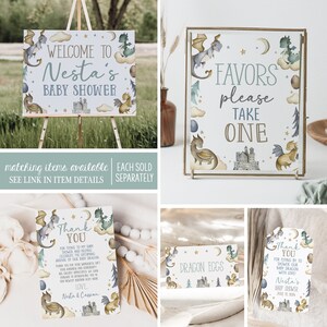 May include: A set of printable baby shower signs featuring a dragon theme. The signs include a welcome sign, a favors sign, a thank you sign, and a dragon eggs sign. The signs are decorated with watercolor illustrations of dragons, castles, and stars.