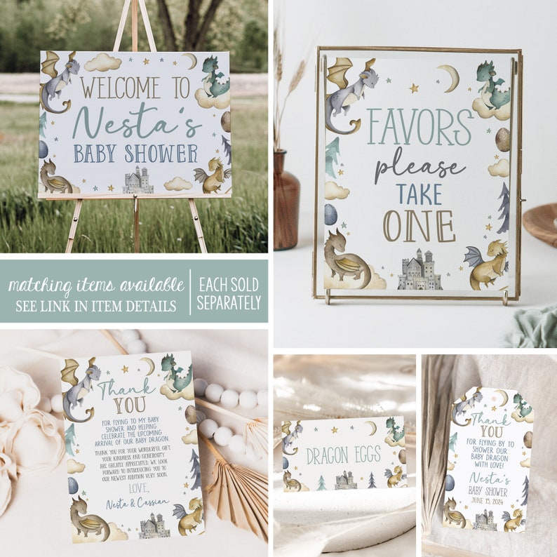 May include: A set of printable baby shower signs featuring a dragon theme. The signs include a welcome sign, a favors sign, a thank you sign, and a dragon eggs sign. The signs are decorated with watercolor illustrations of dragons, castles, and stars.