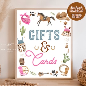 Cowboy Cowgirl Gift Sign Rodeo Sibling Birthday Party Theme Wild West Gifts Cards Blue Pink Ranch Decor Printables Instant Download