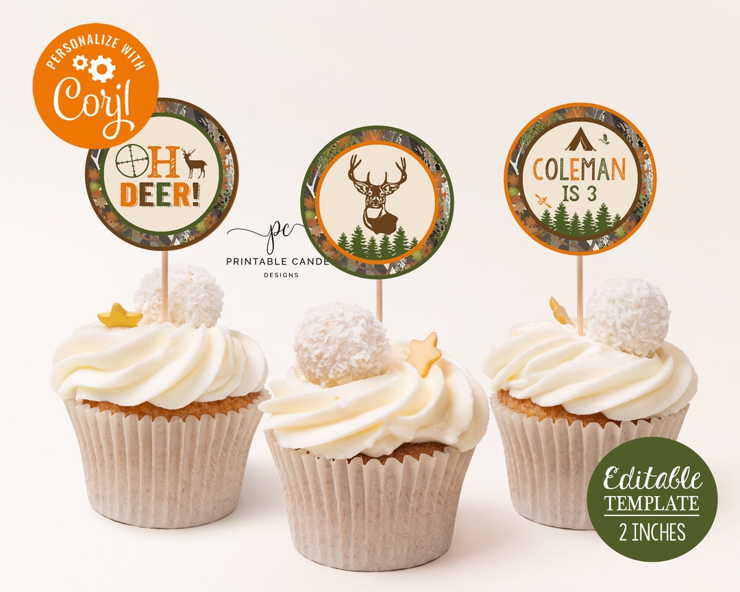 Editable Hunting Cupcake Toppers Birthday Deer Camo Party Decor
