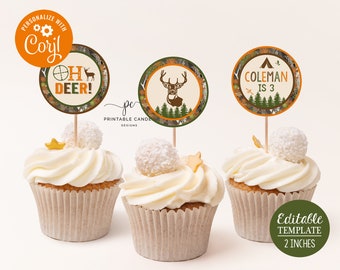 Editable Hunting Cupcake Toppers Birthday Deer Camo Party Decor Cupcakes Labels Template Printable