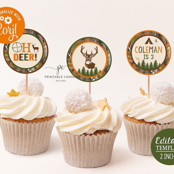 Bearbeitbare Jagd Cupcake Toppers Geburtstag Deer Camo Party Decor Cupcakes Etiketten Vorlage Printable