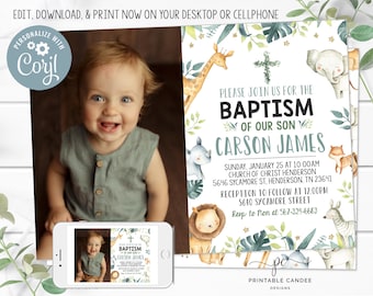 Baptism Invitation Jungle Christening Invite Template Safari Editable Dedication Baby Boy Printable Photo Instant Download File