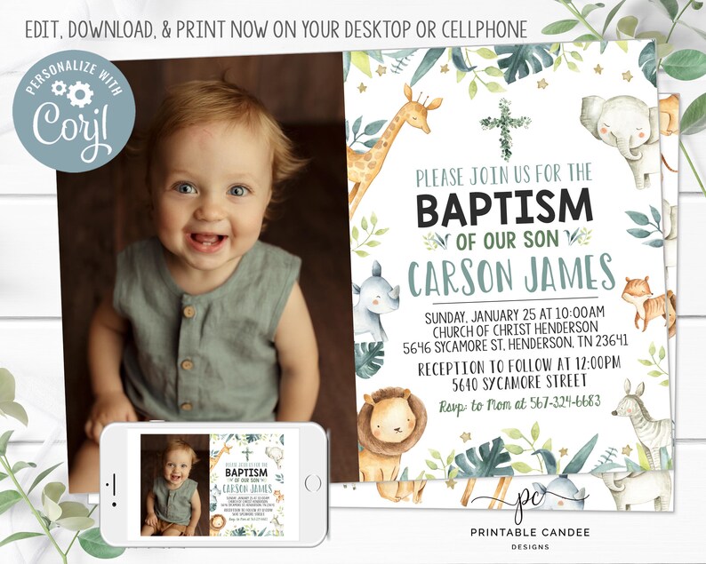 Baptism Invitation Jungle Christening Invite Template Safari Etsy