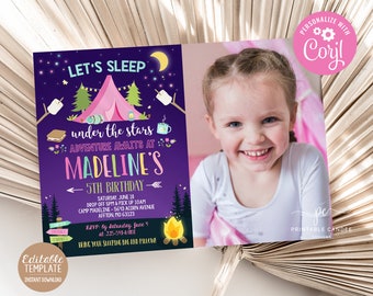 Girl Camping Invitation Editable Birthday Photo Invite Sleepover Party Glamping Adventure Editable Instant Download