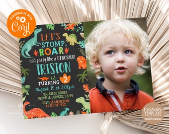 May include: A dinosaur-themed birthday invitation with a photo of a young boy. The invitation is black with colorful dinosaur illustrations and the text "Let's Stomp, Roar and party like a Dinosaur! Triston is turning 2 August 15 at 3:00pm 456 Stego Street Rexville, Jurassic 53214 RSVP: To Mamasaur at 320-541-5301".