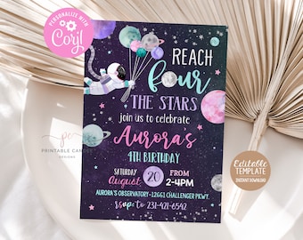Editable Space 4th Birthday Invitation Reach FOUR The Stars Girl Pink Invite Galaxy Party Theme Template Printable Instant Download