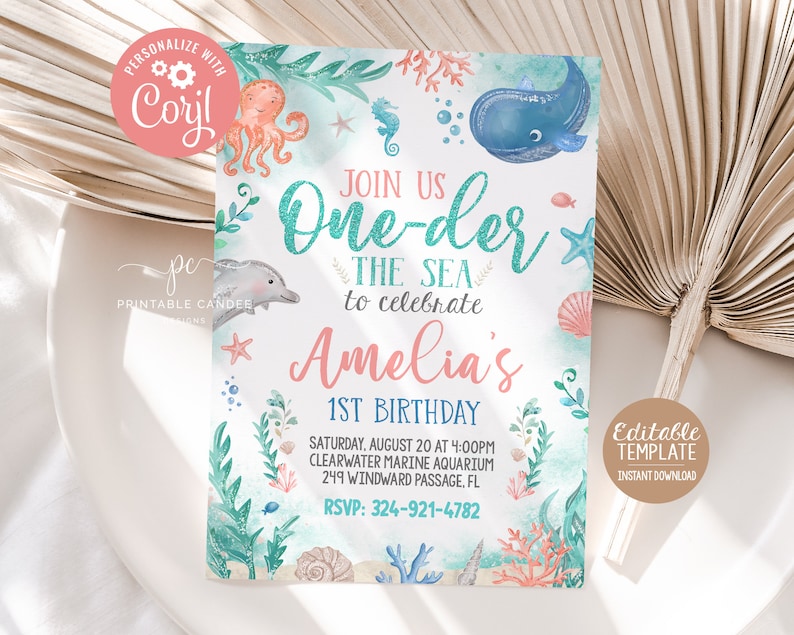 Editable Sea First Birthday Invite Oneder the Sea Girls 1st Birthday Invitation Beach Party Template Printable Digital Files