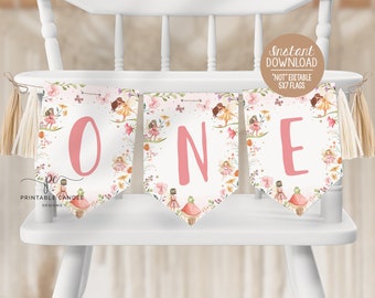 Fairy High Chair Banner One Flags Pink Floral Princess Garden 1st Birthday Party Fairies Theme Decor Printable Instant Download