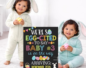 Easter Sibling Pregnancy Announcement Template Family of Three Reveal 3rd Baby Sign