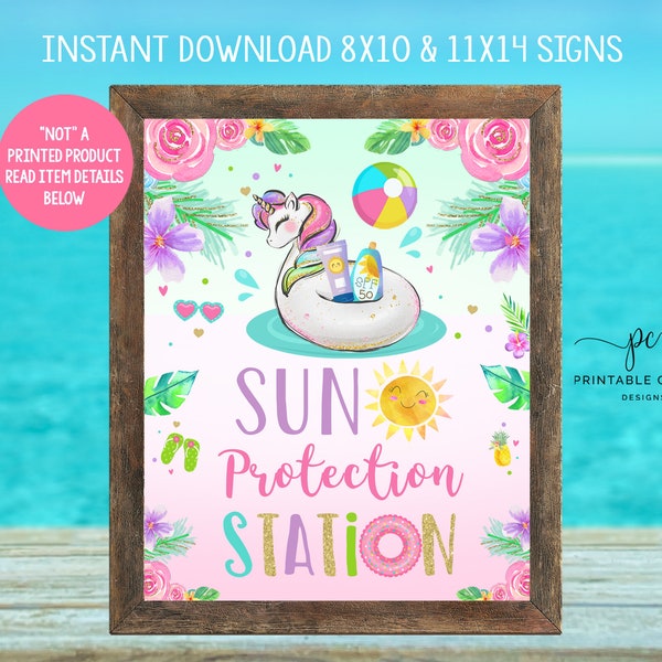 Unicorn Pool Party Sun Protection Station Sign Girl Birthday Tropical Summer Printable Unicorn Theme Sunscreen Table Sign Printable