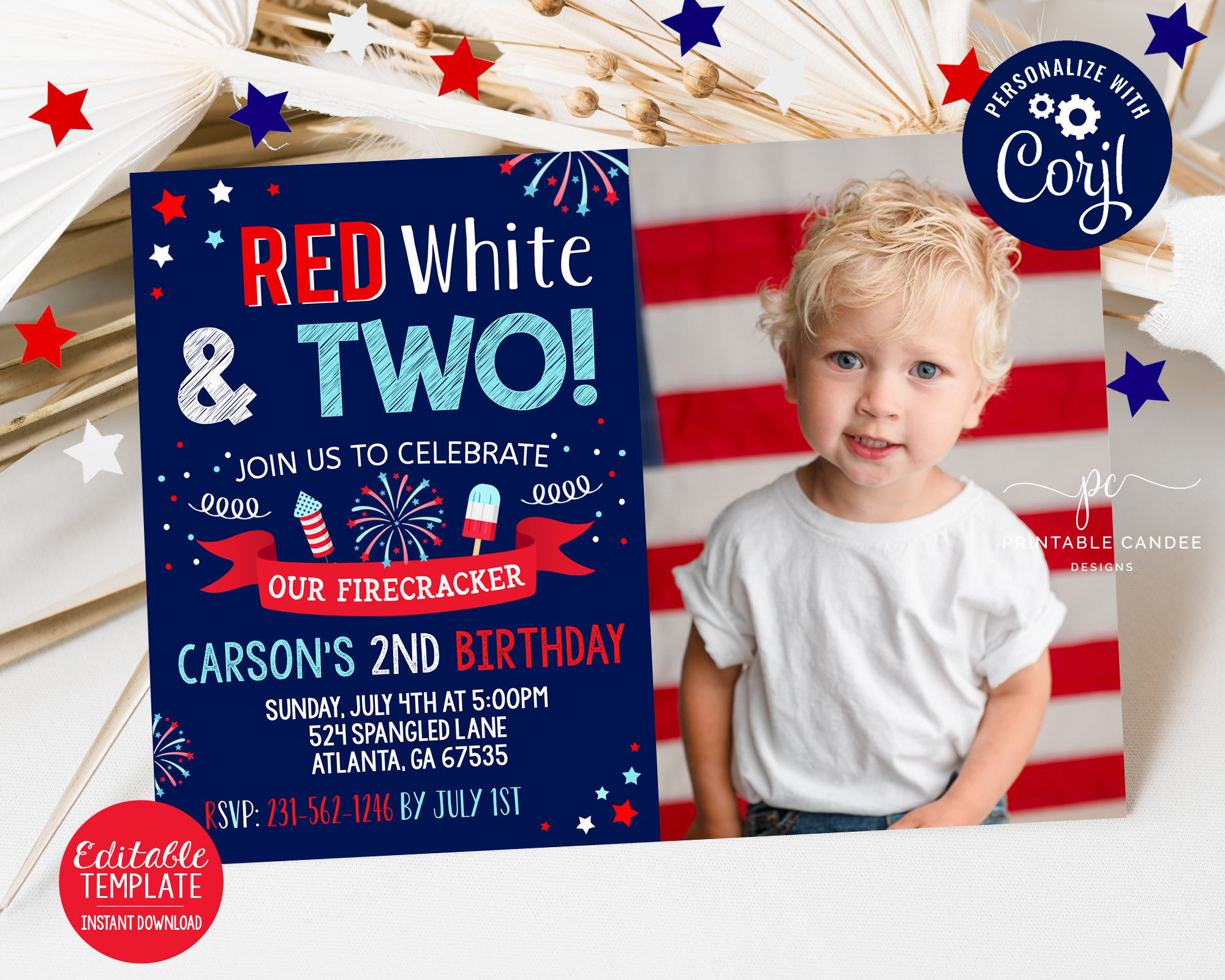 4th of July 2nd Birthday Invitation Red White and Two Firecracker ...
