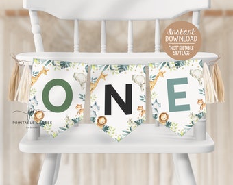 Safari High Chair Banner One Flags Wild One 1er cumpleaños niño selva tema animales fiesta decoración imprimible descarga digital