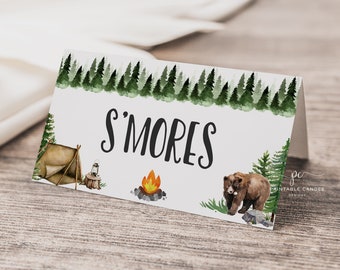 Camping Food Tents One Happy Camper Birthday Smores Woodland Bear 1st Printable Decor Editable OHPNT