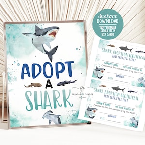 Adopt a Shark Party Game Boy Shark Birthday Sign Sharks Adoption Center Certificate Printable Decor SHB24