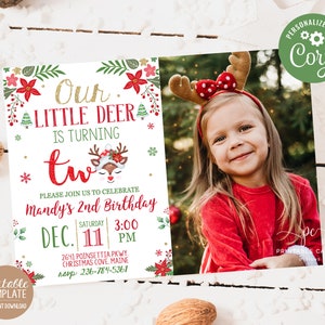 Editable Reindeer Christmas Birthday Invitation Little Deer 2nd Birthday Christmas Party Invite Christmas Template Instant Download