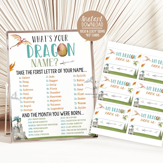 Dragon Name Game Sign Dragon Birthday Party Printables White Dragon Boy Birthday Theme Instant Download