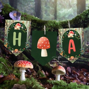 Editable Enchanted Forest Party Flag Banner Woodland Fairy Cumpleaños Banderas Decoración Mushroom Fox Imprimible EFMT