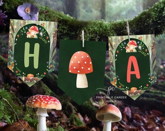 Editable Enchanted Forest Party Flag Banner Woodland Fairy Birthday Flags Decor Mushroom Fox Printable EFMT