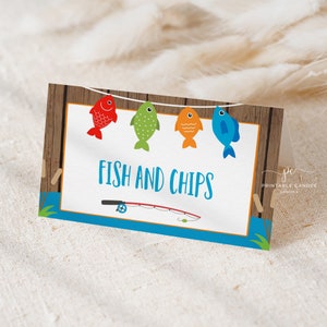 Bearbeitbares Angeln Lebensmittel Zelte Fisch Lebensmitteletiketten Party Dekor The Big One Printables Lebensmittel Zelt Vorlage TTBF