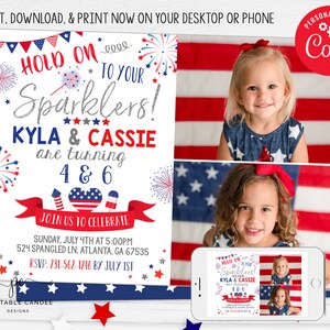 4th of July Birthday Invite Twin Invitation Red White Blue Sparklers Patriotic Stars Stripes Sibling Editable Photo Template Printable