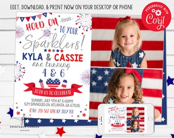 4th of July Birthday Invite Twin Invitation Red White Blue Sparklers Patriotic Stars Stripes Sibling Editable Photo Template Printable