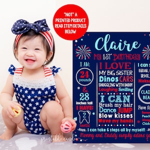 4th of July First Birthday Chalkboard Sign Red White Blue Party Decor Flag Milestone Stats Sign Printable Digital