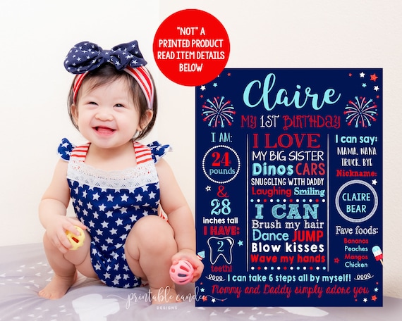 4th of July First Birthday Chalkboard Sign Red White Blue Party Decor Flag Milestone Stats Sign Printable Digital